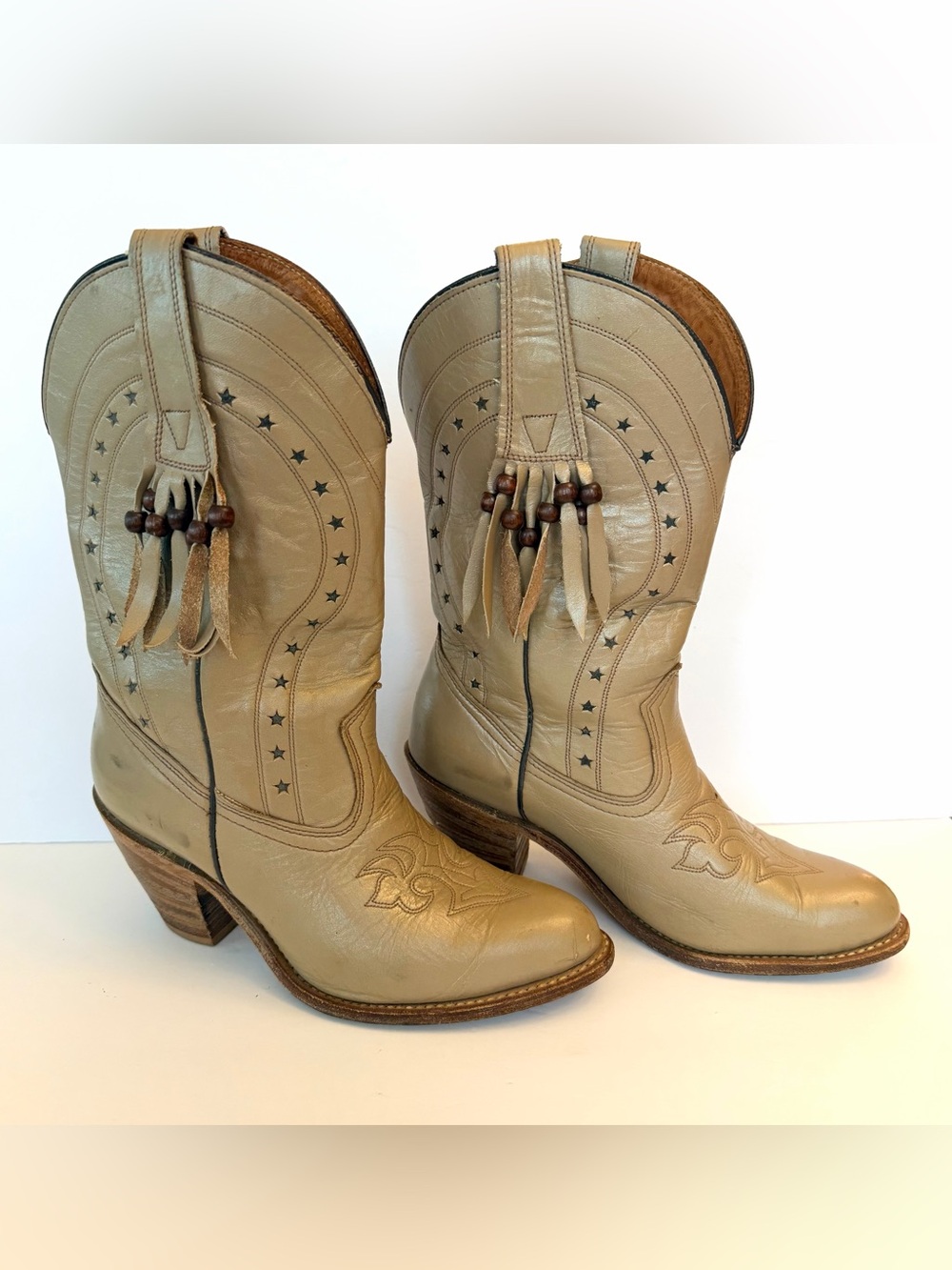 Vintage Miss Capezio leather star, fringe, and beads cowboy boots, size 10